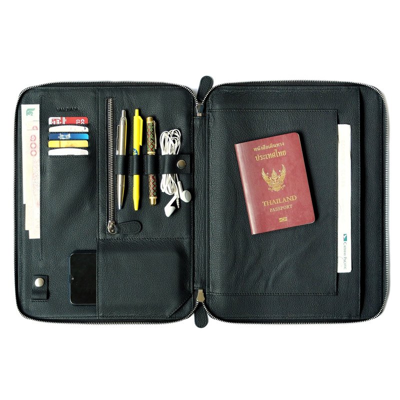 Tech. Folio Black color ESSENTIAL Journey full grain Cowhide leather - 行李箱/旅行袋 - 真皮 黑色