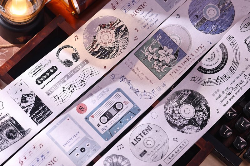 回響  復古小物邊框唱片和紙PET模切手帳貼本紙膠帶 - 紙膠帶/和紙/PET - 紙 多色