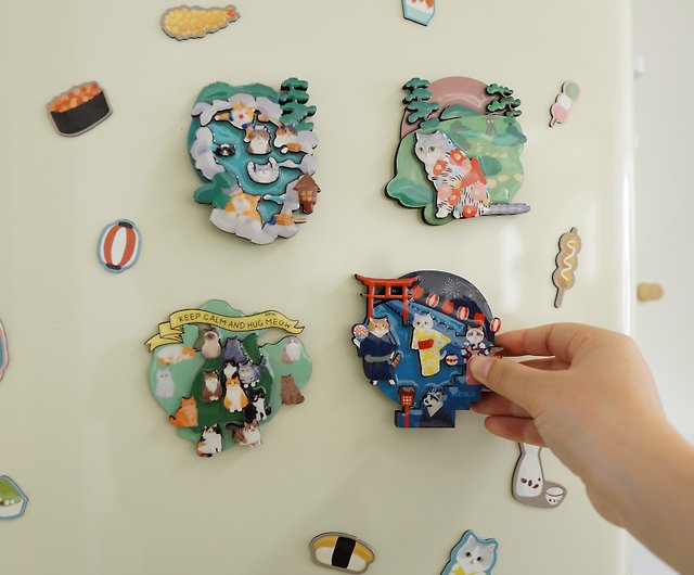 ミャオジmewjiオリジナルかわいい猫イラスト立体木製軟磁性冷蔵庫マグネット日本の温泉猫モデル ショップ Mewji Pinkoi