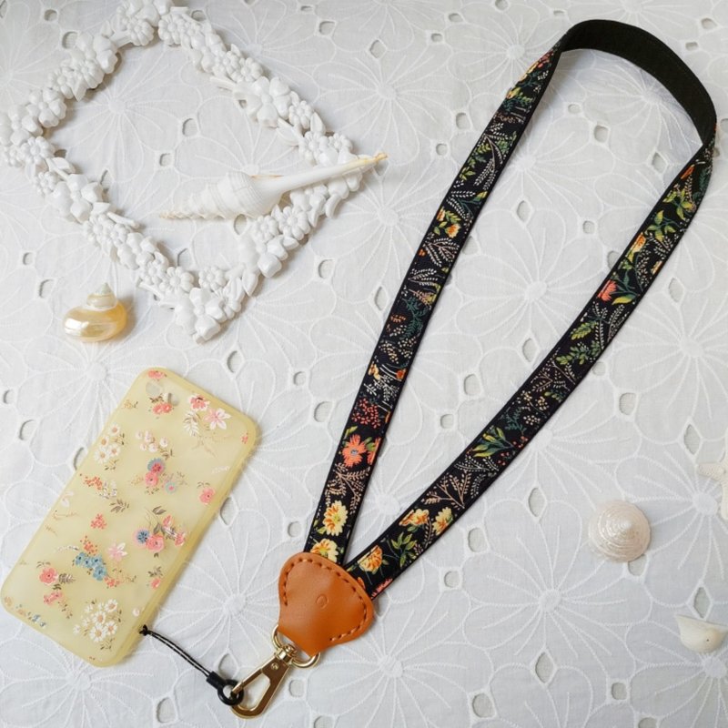 Black Y-shaped decompression Japanese and Korean two-color fabric leather mobile phone neck lanyard - เชือก/สายคล้อง - ผ้าฝ้าย/ผ้าลินิน สีดำ