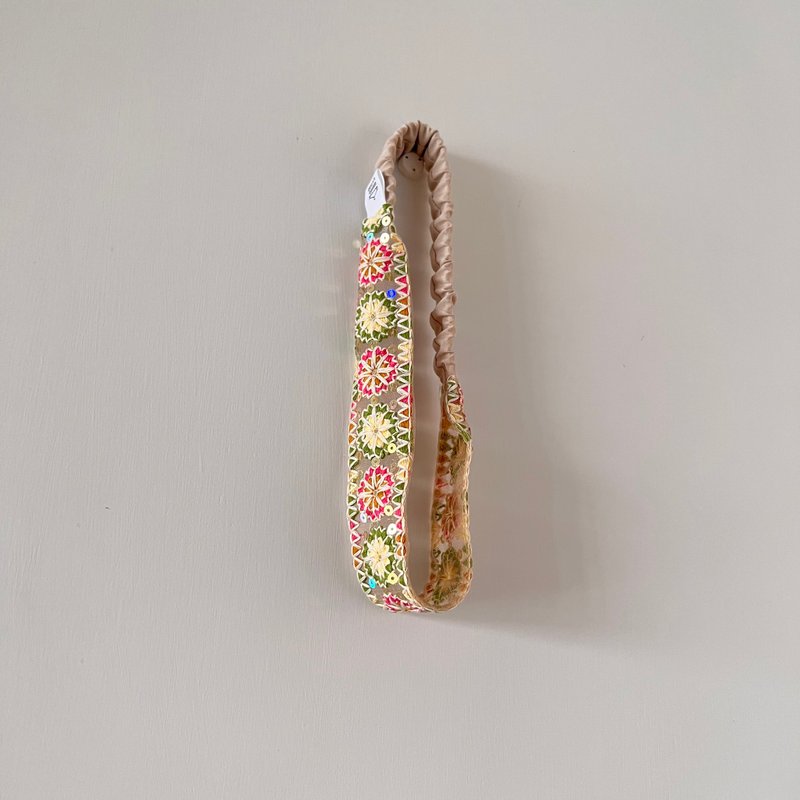 印度製精工刺繡民族編織鬆緊髮帶 桃紅拼綠 - 髮夾/髮圈 - 棉．麻 多色