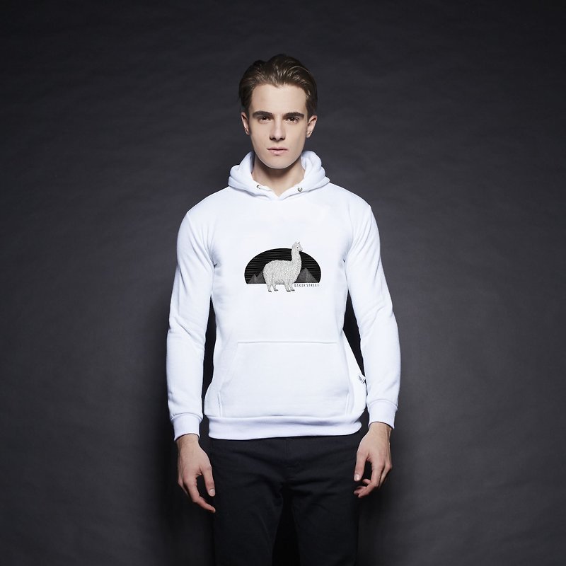 British Fashion Brand [Baker Street] Alpaca's Journey Printed Hoodie - Unisex Hoodies & T-Shirts - Cotton & Hemp White