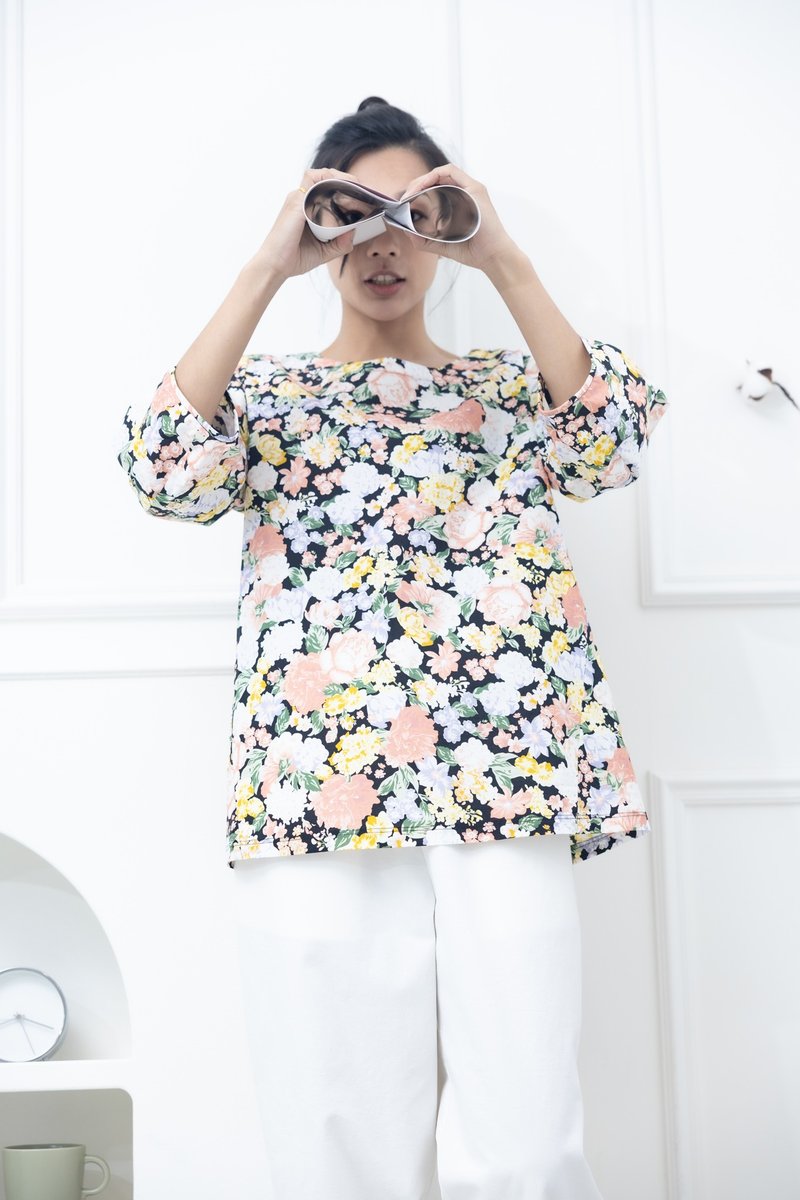 白.粉.黃花微泡泡袖上衣 黑色 - 女 T 恤 - 其他材質 黃色