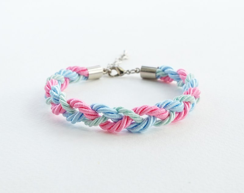 Mint/Blu/Pink braided bracelet - 手鍊/手鐲 - 其他材質 多色