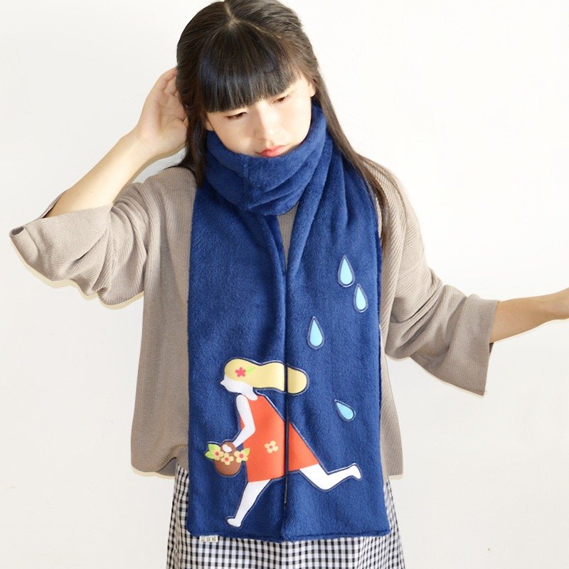 雨中奔跑的小女孩 手作浪漫森系長款圍巾 雙面毛絨加厚保暖 冬季禮物 - 絲巾 - 棉．麻 藍色