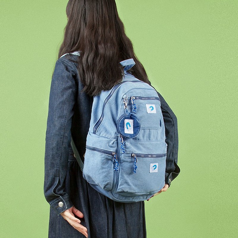 yizistore original washed denim embroidered backpack female large-capacity casual backpack high school student schoolbag - กระเป๋าเป้สะพายหลัง - วัสดุอื่นๆ 