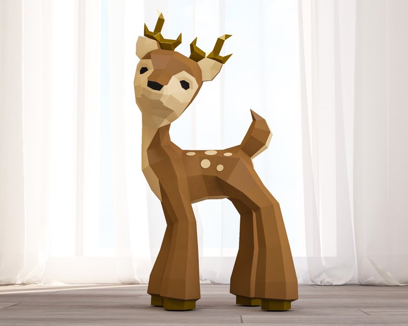 3D Papercraft Fawn, Paper Craft Deer model, DIY sculpture, DIGITAL TEMPLATE - 手工藝教學/工具書 - 其他材質 
