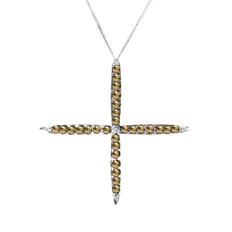 Pyrite Cross Necklace, Gold Pendant Bead Jewelry, Sterling silver cross  - สร้อยคอทรง Collar - เครื่องประดับพลอย สีทอง