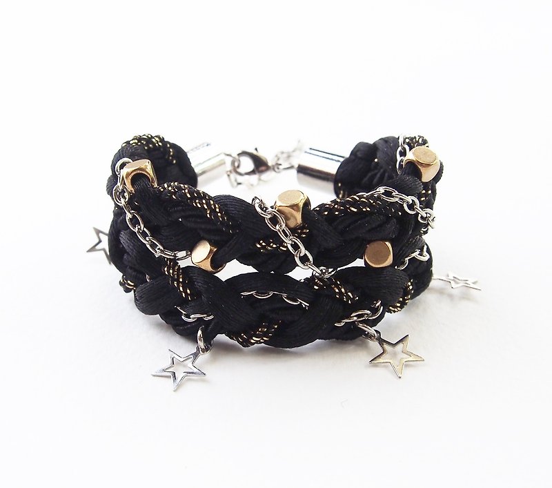 Black braided bracelet with silver star - Bracelets - Other Materials Black