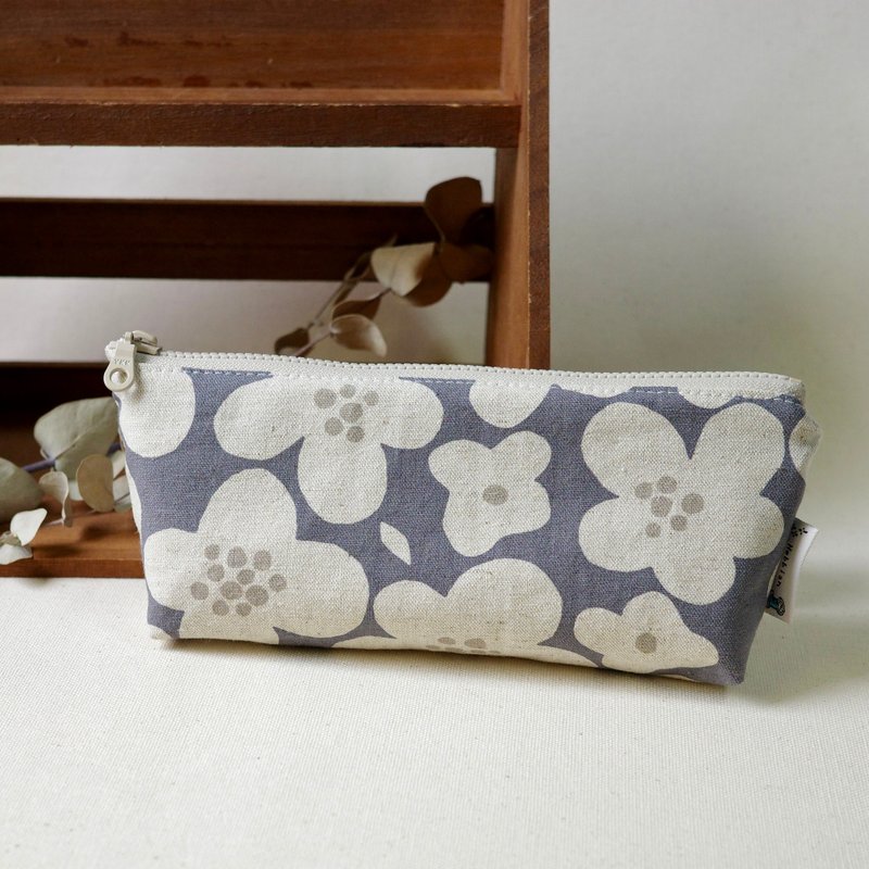 Blue gray bottom flower - wide bottom pencil case | - Pencil Cases - Cotton & Hemp 