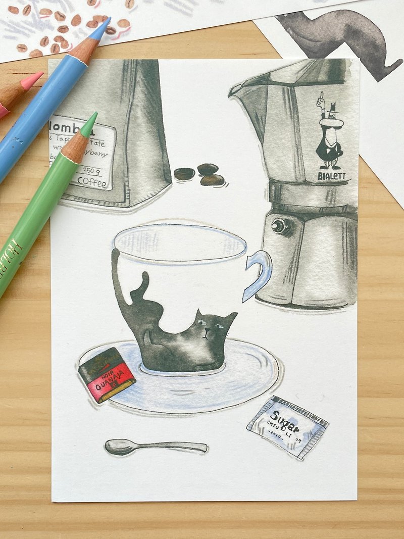 手描きのコーヒーと猫シリーズのポストカードリーフレット - カード・はがき - 紙 
