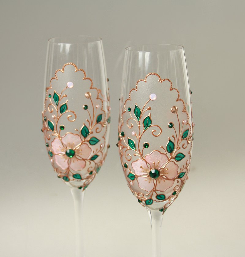 Wedding Glasses Pink Emerald Rose Gold Swarovski, Hand-painted set of 2 - 酒杯/酒器 - 玻璃 粉紅色