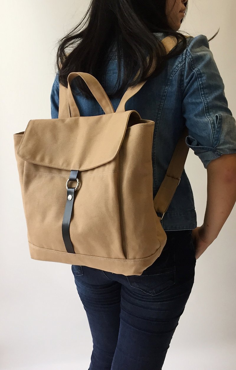 Travel Canvas Backpack with leather strap laptop school -no.102 TANYA in Camel - Backpacks - Cotton & Hemp 