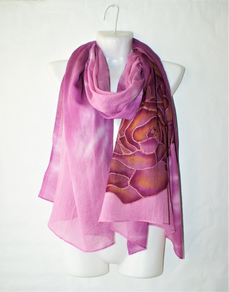 Pure cotton scarf for ladies Long purple floral scarf Cotton shawls and wraps - 絲巾 - 棉．麻 紫色