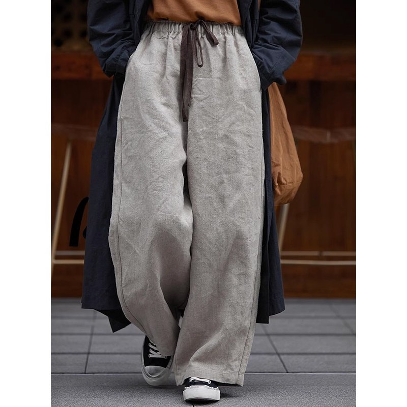 Rainy Linen color thick linen cotton elastic waist loose carrot pants - กางเกงขายาว - ผ้าฝ้าย/ผ้าลินิน 