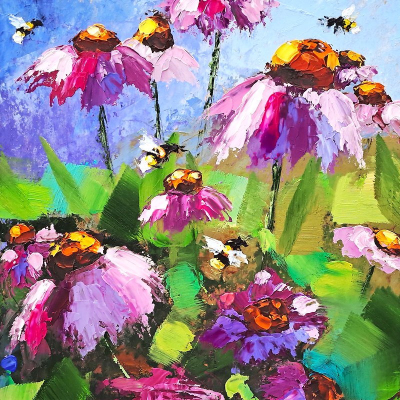 Daisy Painting Coneflower Original Art Bee Oil Painting Impasto Flowers Artwork - Posters - Other Materials Multicolor