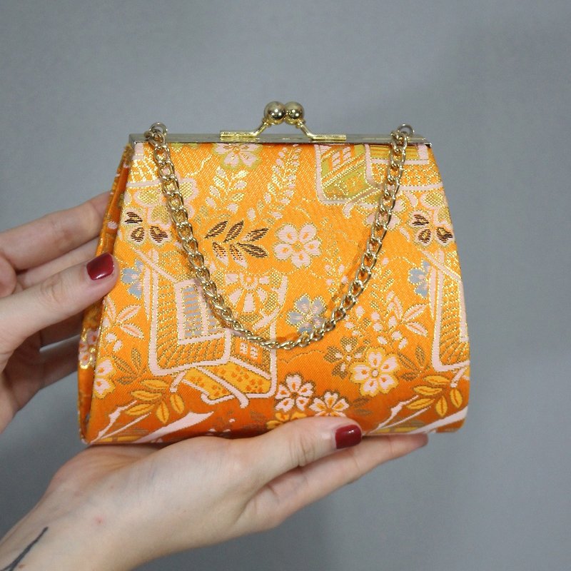 (Vintage) Japanese Chrysanthemum Satin Cherry Matching Kimono Clutch (Birthday Gift Valentine's Day Gift) - Clutch Bags - Other Man-Made Fibers Orange