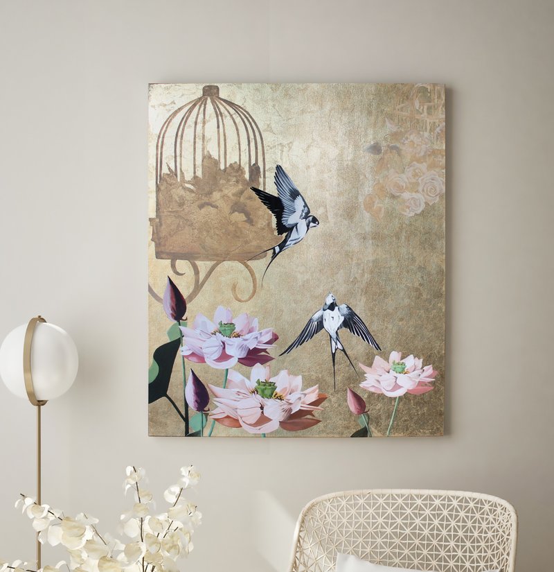 Painting Flowers Birds | Flower Gold Art Painting | Birds with flowers 1 - 壁貼/牆壁裝飾 - 棉．麻 粉紅色