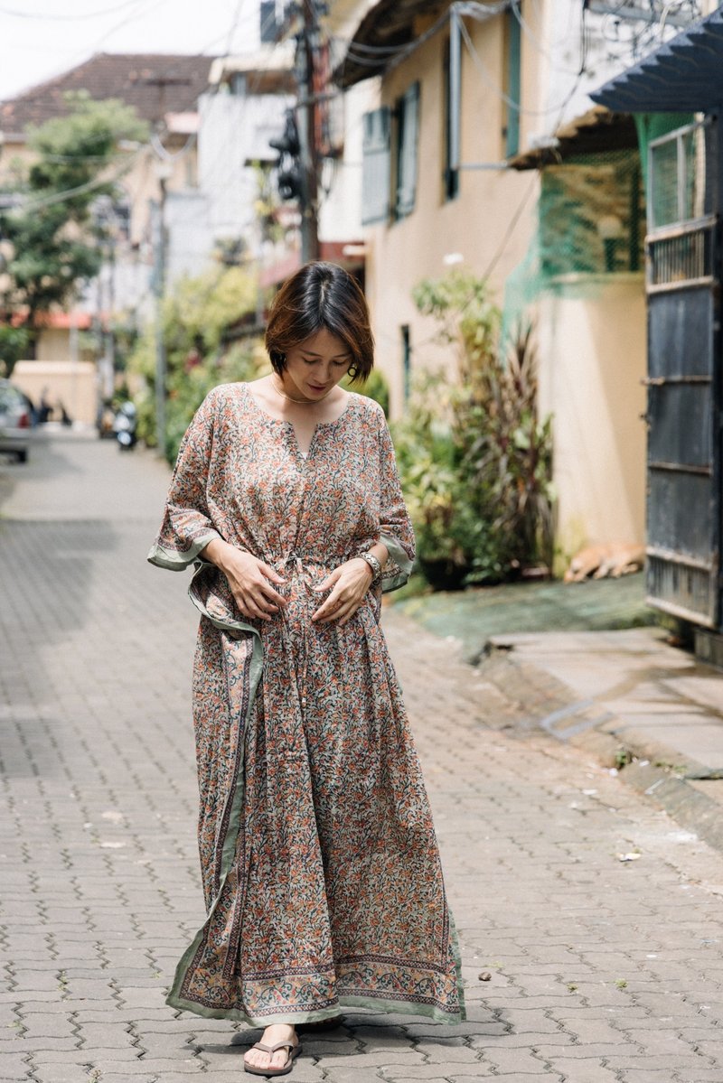 KALAKAR Indian cotton woodblock print long butterfly dress_classic green flower - One Piece Dresses - Cotton & Hemp Green