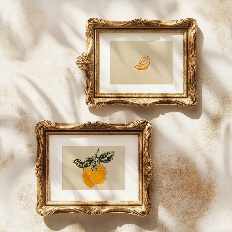Mini gallery wall set of 2 Vintage lemon fruits slice linocut print Kitchen art - 壁貼/牆壁裝飾 - 紙 黃色