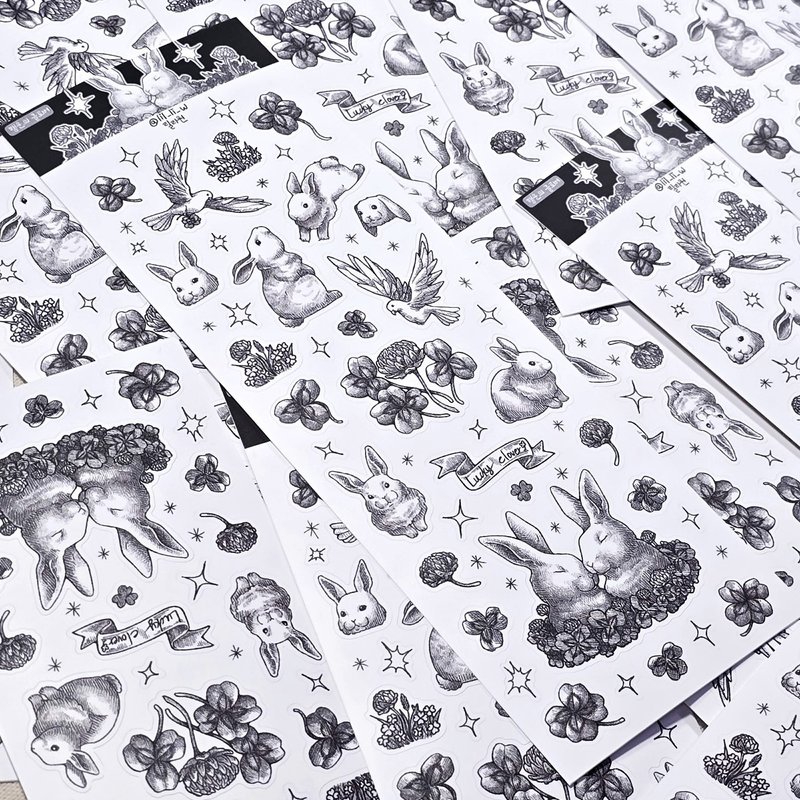 Lucky Clover Rabbit (lilliwon) vintage design animal seal sticker - 貼紙 - 紙 灰色