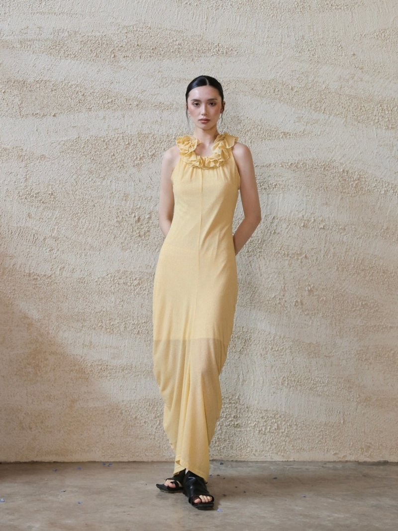 法式復古 / 花邊針織連身裙 / 背心長裙 - 洋裝/連身裙 - 其他材質 黃色