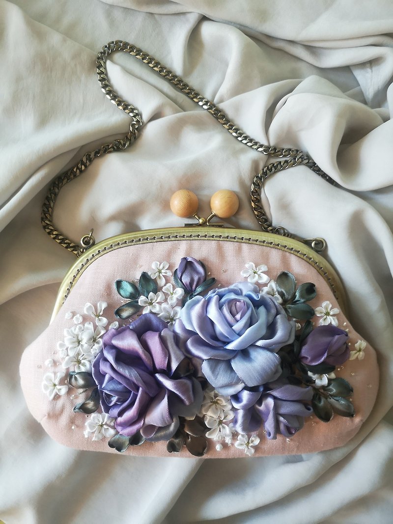 Bag, clutch, embroidered rose ribbon - Clutch Bags - Thread Pink