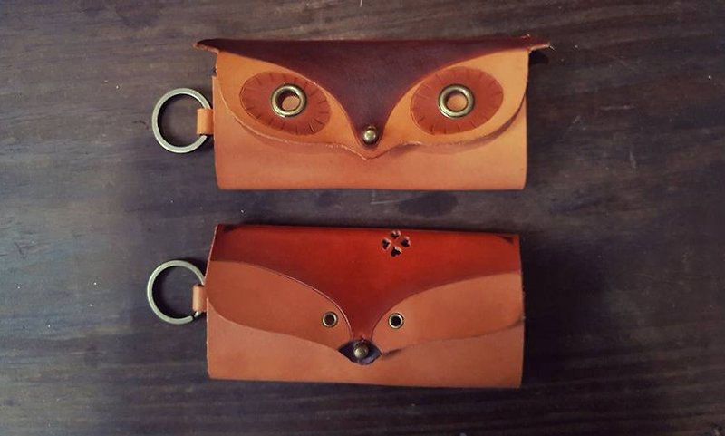 Owl/Fox vintage yellow pure leather six-hole key case-lettering on the back - Keychains - Genuine Leather Orange