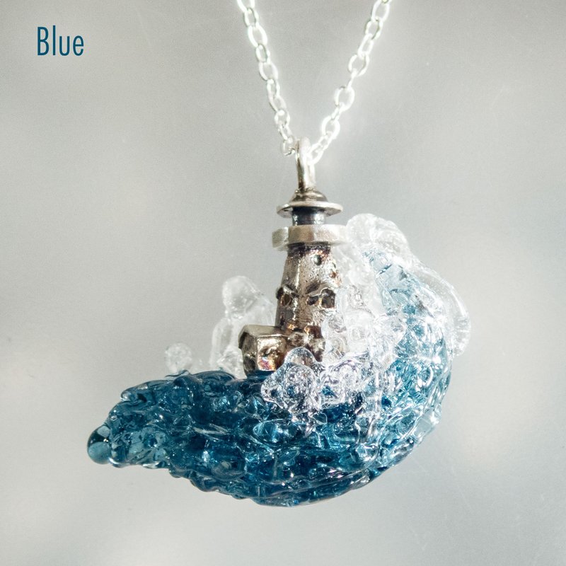 Realistic Ocean Wave Necklace with Silver Lighthouse - Necklaces - Glass Blue