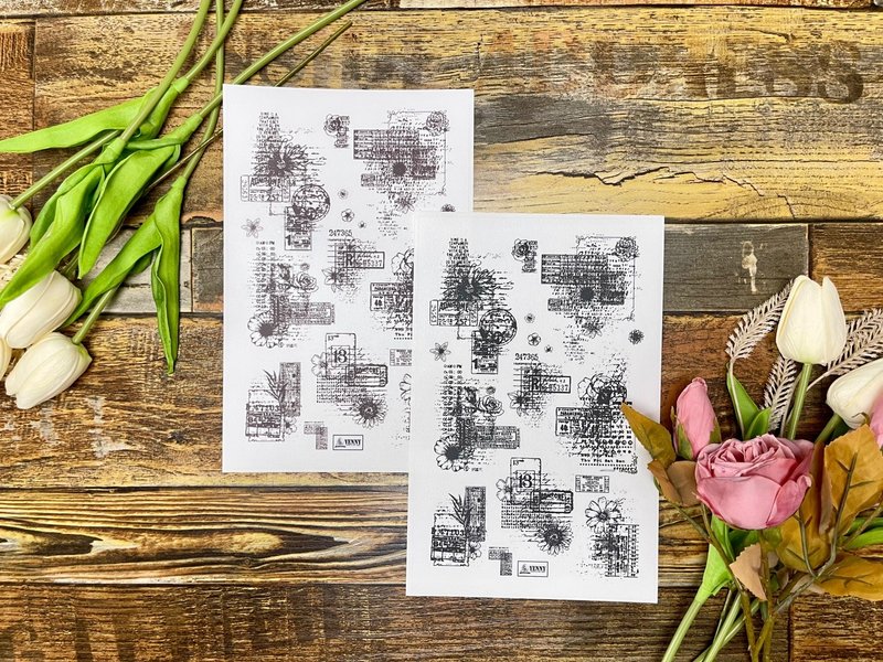 (MATTE CLEAR STICKER) vintage flower stamp 2 types, 3pcs SET - 貼紙 - 防水材質 多色