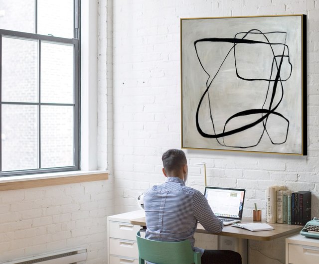 キャンバスに描かれた抽象的な白黒絵画 オリジナルモダン幾何学