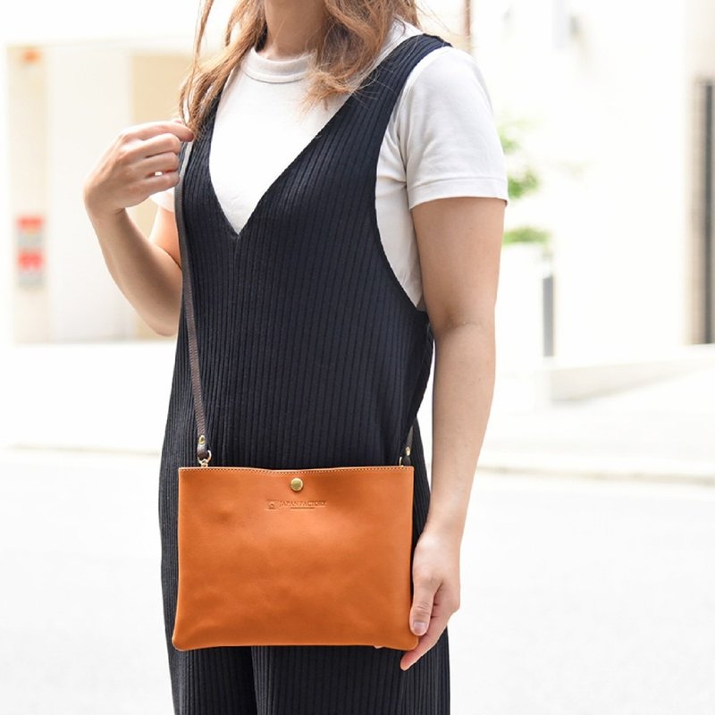 Made to order Tochigi Leather 2way Mini Bag Sacoche Shoulder bag Clutch bag Bag Cowhide [Camel] - Messenger Bags & Sling Bags - Genuine Leather Orange