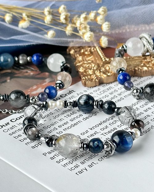 Peace & Simple 海洋珍珠寶 海族精靈水晶設計手串 - 藍晶石、黑髮晶、閃靈鑽