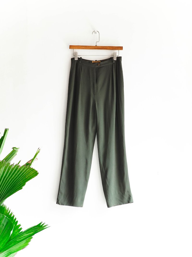 River Hill - Kobe olive green lake poem antique silk Wide trousers pants vintage youth - กางเกงขายาว - ผ้าไหม สีเขียว