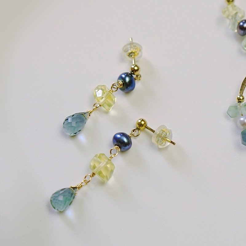 Natural Lemon Crystal Black Pearl Quartz Stone Handmade Pendant Stud Earrings - Earrings & Clip-ons - Crystal Yellow