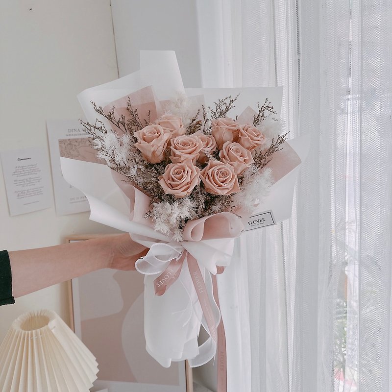 裸粉奶茶玫瑰 永生花束 (9朵) - 擺飾/家飾品 - 植物．花 