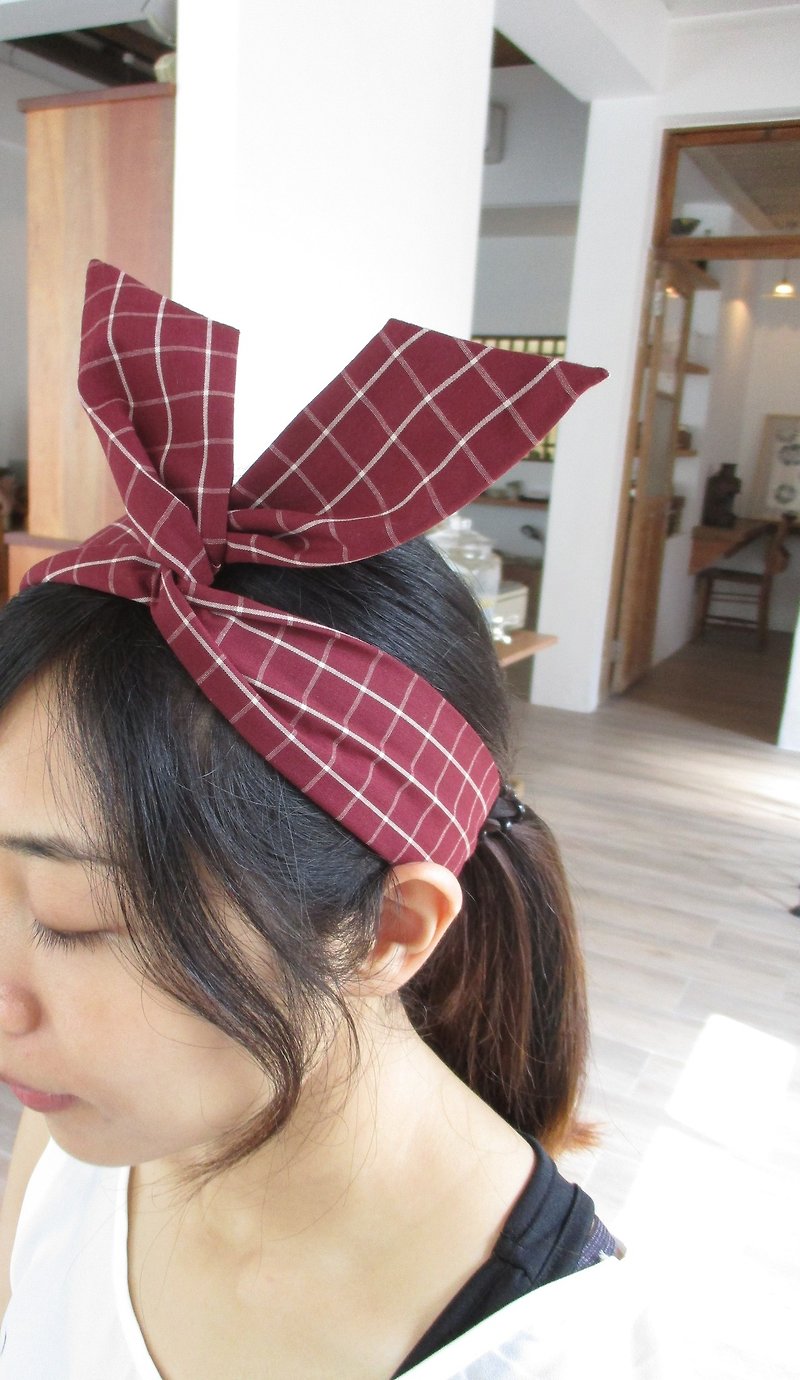 Forwarding belt (manual)-bow tie ears-wine red grid - Hair Accessories - Cotton & Hemp Multicolor