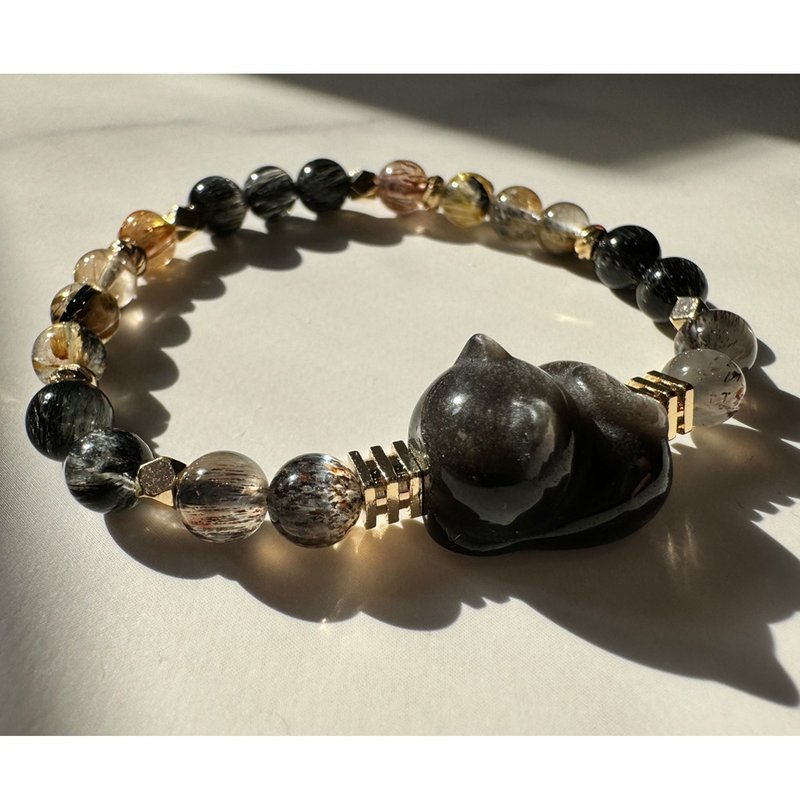 Black Cat Silver Stone| Black Backbone | Black Hair Crystal | Mother Ore Titanium Crystal | Black Gold Super | Natural Crystal Bracelet - สร้อยข้อมือ - คริสตัล สีดำ