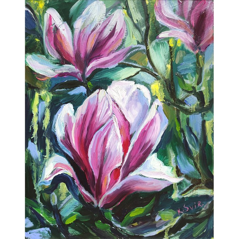 Magnolia Painting Floral Original Art Flowers Oil Painting Small Artwork - 海報/掛畫/掛布 - 其他材質 多色