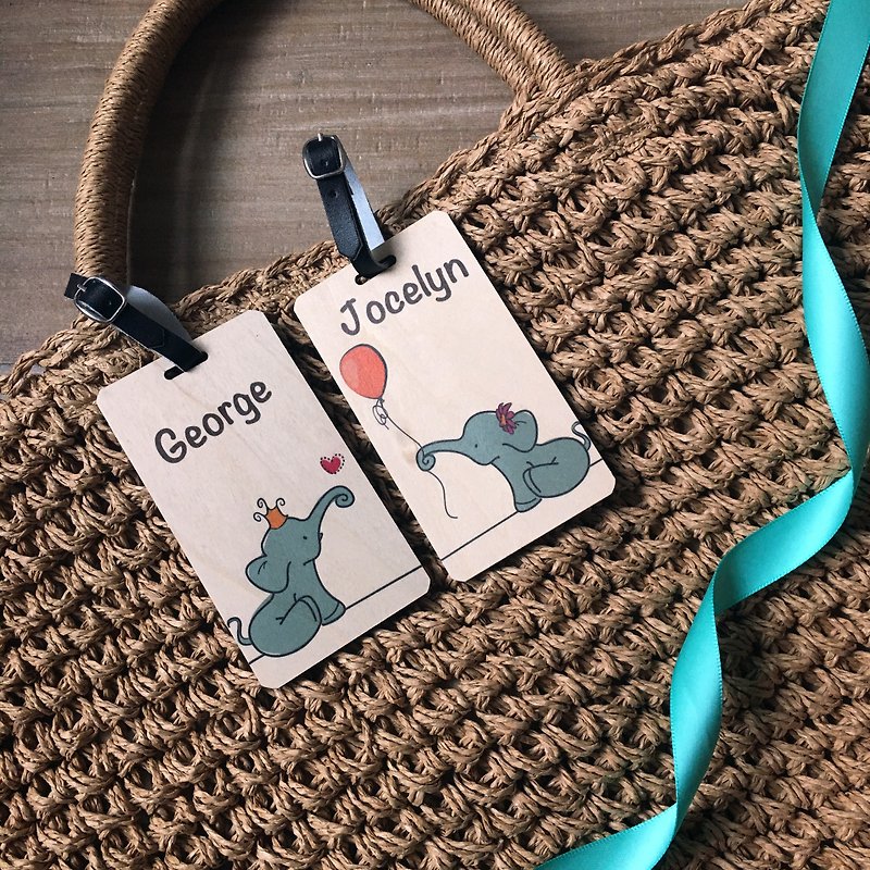 Elephant Wooden Luggage Tag-Customized English Surname Valentine's Day/Wedding Gift - ID & Badge Holders - Wood Multicolor