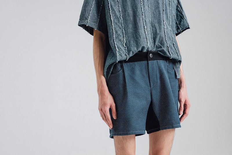 Alan Hu 2018S/S 細紋拼接短褲 - 男長褲/休閒褲 - 棉．麻 藍色