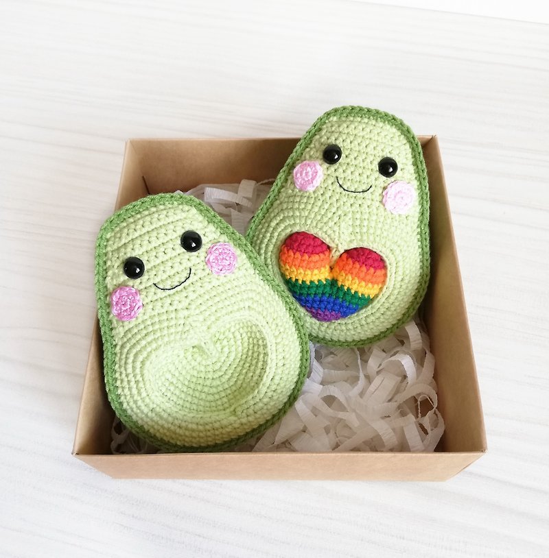 A set of two avocado halves with six-color rainbow heart. - Stuffed Dolls & Figurines - Other Materials 