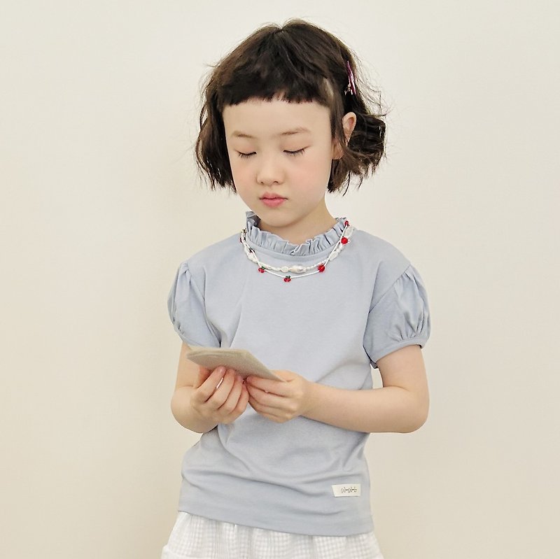 Lace stand collar puff sleeve top/children's clothing - เสื้อยืด - ผ้าฝ้าย/ผ้าลินิน สีน้ำเงิน