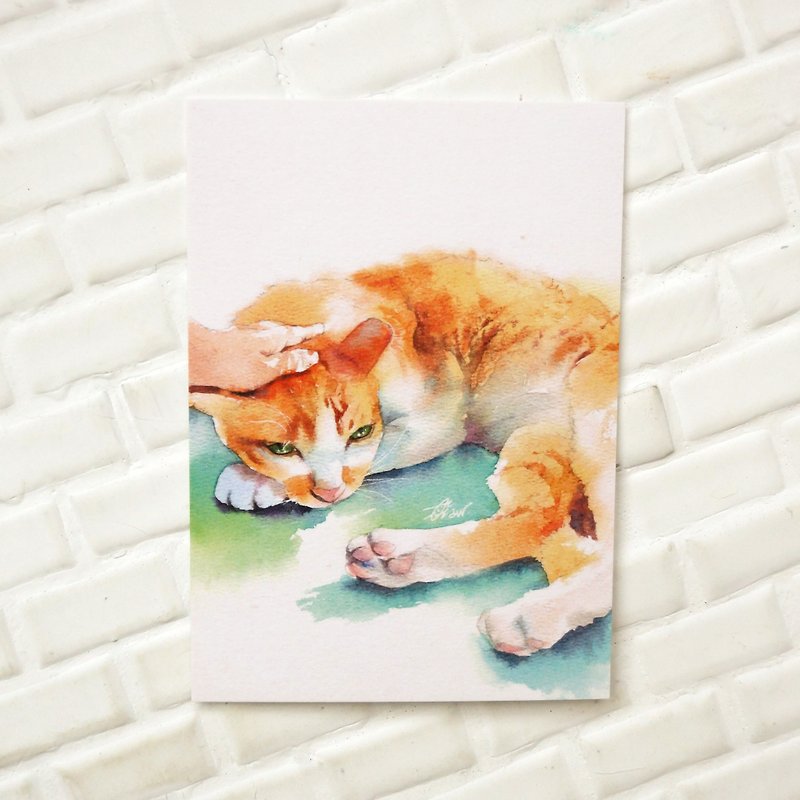 水彩繪毛孩系列明信片 ( 厚磅 ) - 輕撫妳的橘白..貓 - 卡片/明信片 - 紙 橘色