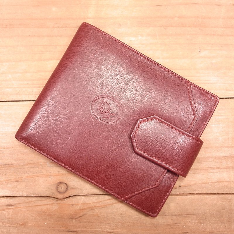 [Bones] Dior burgundy fold package Vintage antique print short clip - Wallets - Genuine Leather Red