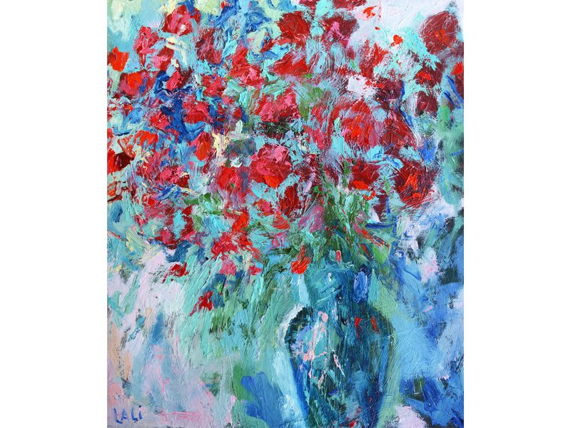 Red Flowers Original Oil Painting on canvas Impasto Modern Painting 30x24cm - Illustration, Painting & Calligraphy - Other Materials Pink