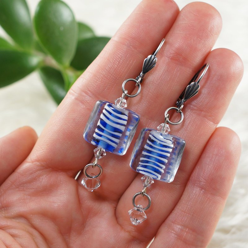 Blue Lampwork Murano Glass Earrings Ultramarine Striped Dangle Earrings Jewelry - ต่างหู - แก้ว สีน้ำเงิน