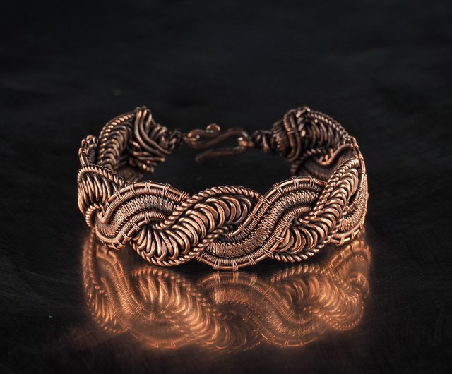 Wire Wrapped Bracelet Unique Copper Bangle Bracelet Antique Style Handcrafted Wire Weave Jewelry 7th Anniversary Gift 19 cm | WireWrapArt