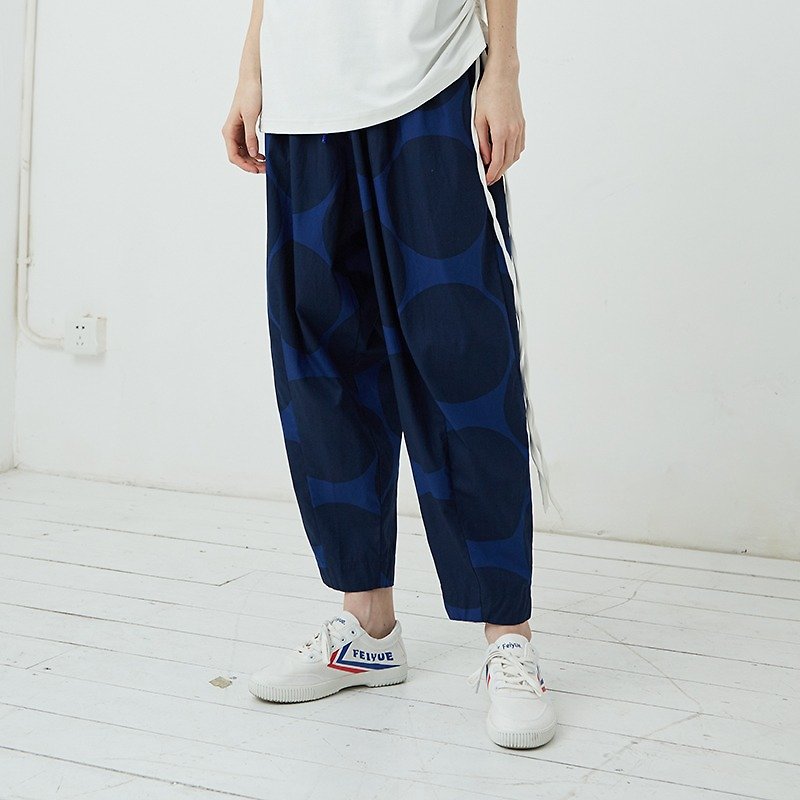 Wide cotton pants dot line Shenglun - กางเกงขายาว - ผ้าฝ้าย/ผ้าลินิน สีน้ำเงิน
