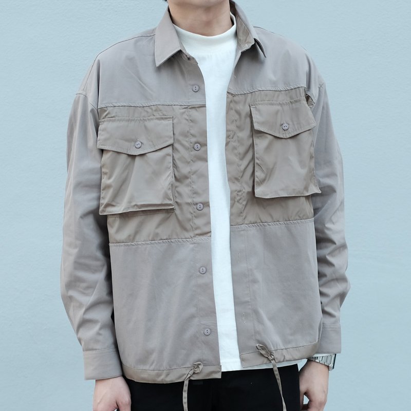 拼貼襯衫外套 Patchwork Shirt Jacket/簡約款式/純棉材質/情侶 - 男夾克/外套 - 棉．麻 灰色